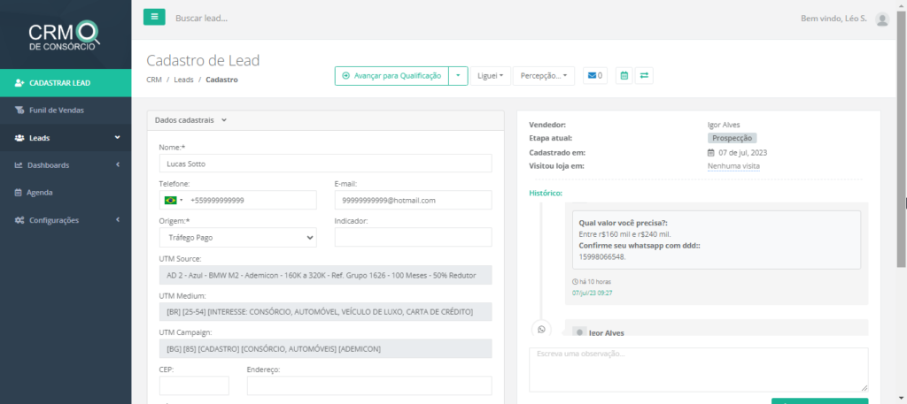 Perfil/Cadastro do Lead